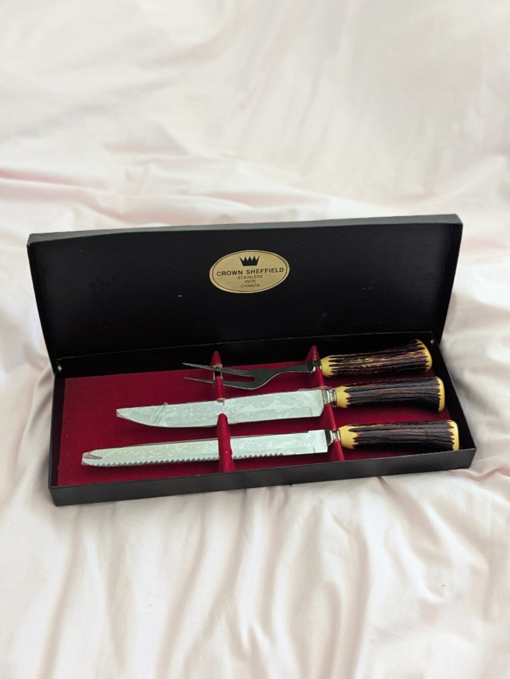 Crown Sheffield Faux Stag Carving Set 3 Pc Boxed